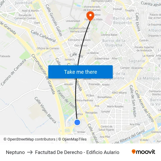 Neptuno to Factultad De Derecho - Edificio Aulario map