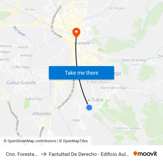 Cno. Forestal 2 to Factultad De Derecho - Edificio Aulario map