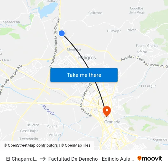 El Chaparral 1 to Factultad De Derecho - Edificio Aulario map