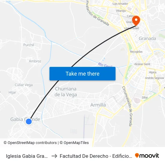 Iglesia Gabia Grande V to Factultad De Derecho - Edificio Aulario map