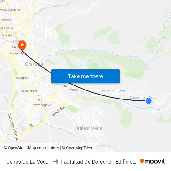 Cenes De La Vega 2 V to Factultad De Derecho - Edificio Aulario map