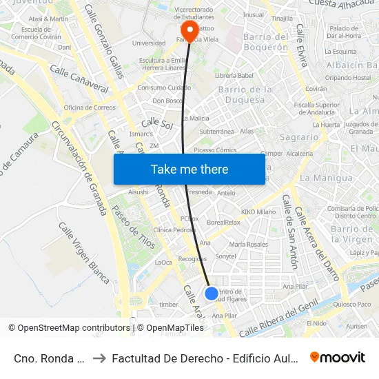 Cno. Ronda 53 to Factultad De Derecho - Edificio Aulario map