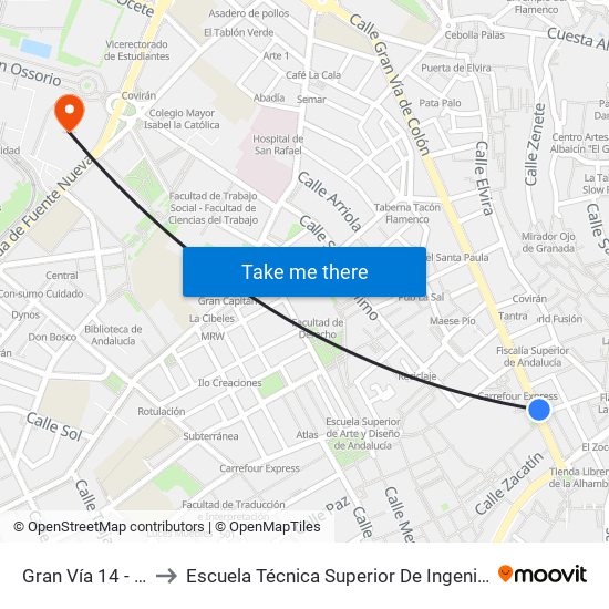 Gran Vía 14 - Catedral to Escuela Técnica Superior De Ingeniería De Edificación map