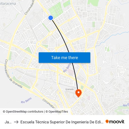 Jaén to Escuela Técnica Superior De Ingeniería De Edificación map