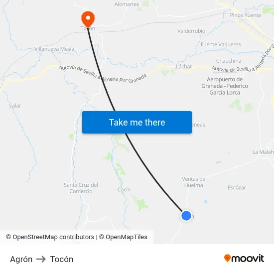 Agrón to Tocón map