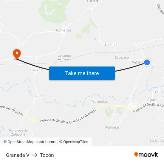 Granada V to Tocón map