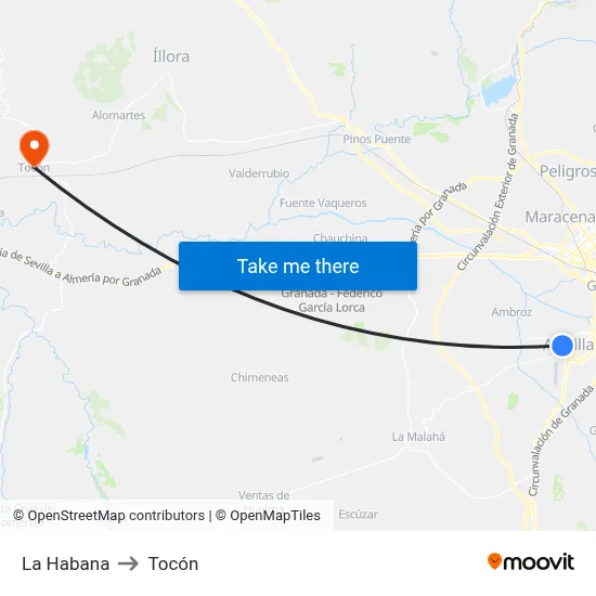 La Habana to Tocón map