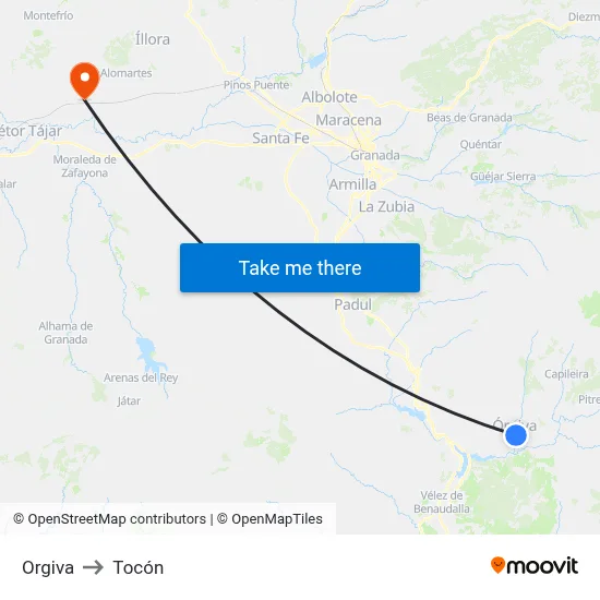 Orgiva to Tocón map