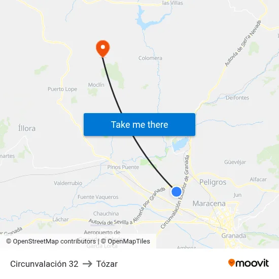 Circunvalación 32 to Tózar map