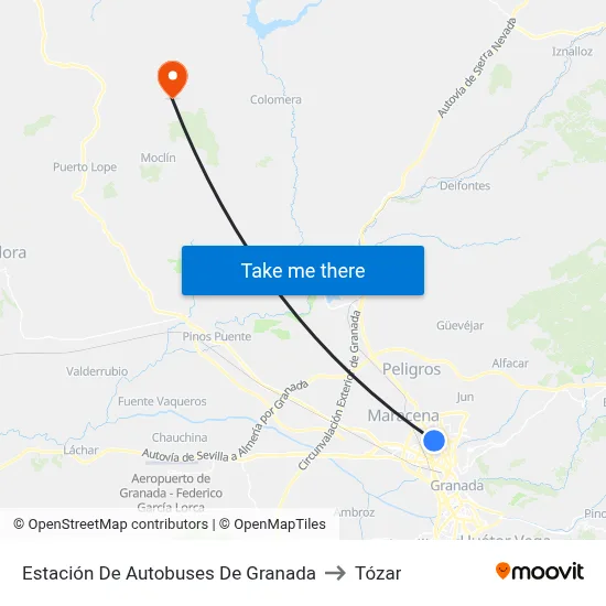 Estación De Autobuses De Granada to Tózar map