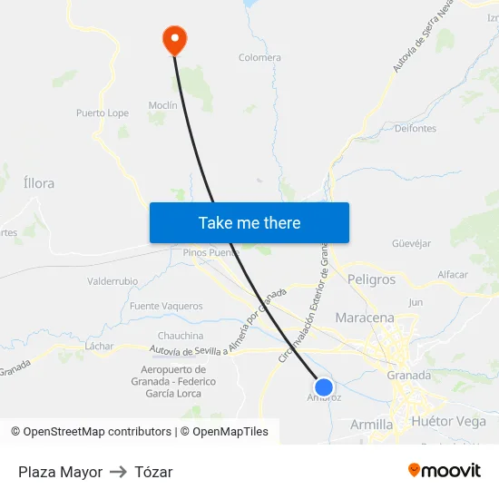 Plaza Mayor to Tózar map