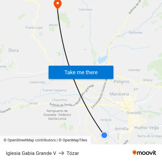 Iglesia Gabia Grande V to Tózar map