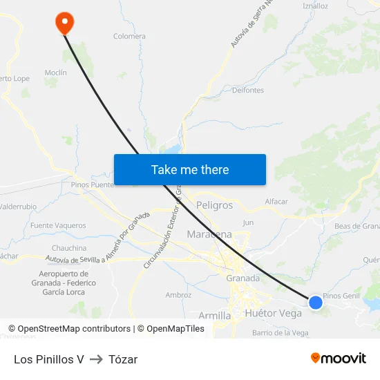 Los Pinillos V to Tózar map