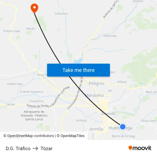 D.G. Tráfico to Tózar map