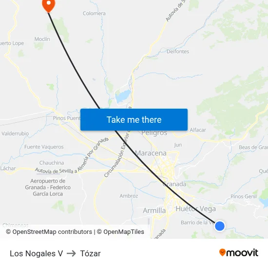 Los Nogales V to Tózar map