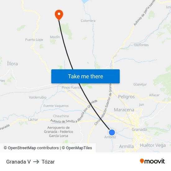 Granada V to Tózar map