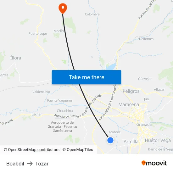 Boabdil to Tózar map