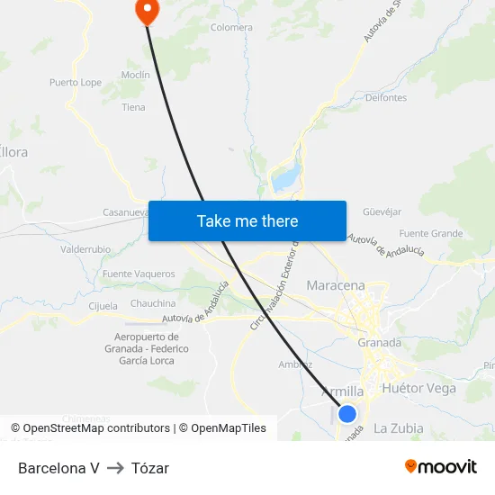Barcelona V to Tózar map