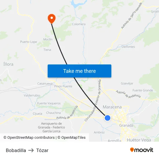 Bobadilla to Tózar map