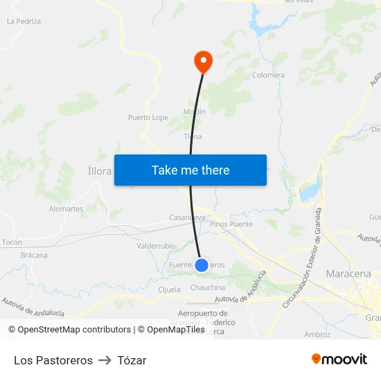 Los Pastoreros to Tózar map