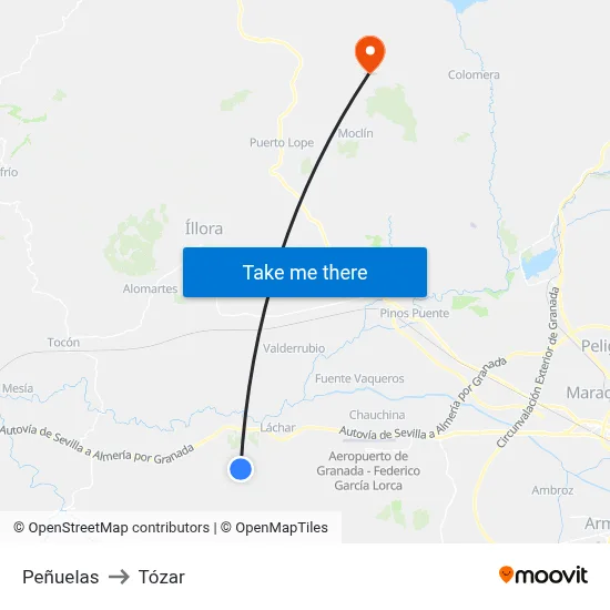 Peñuelas to Tózar map