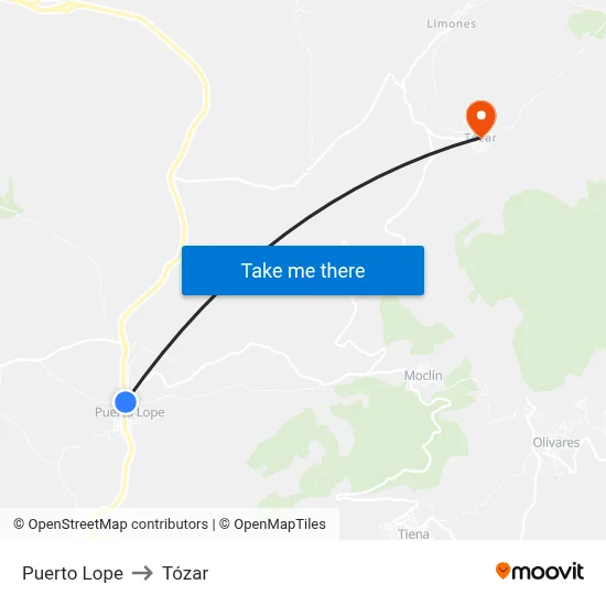 Puerto Lope to Tózar map