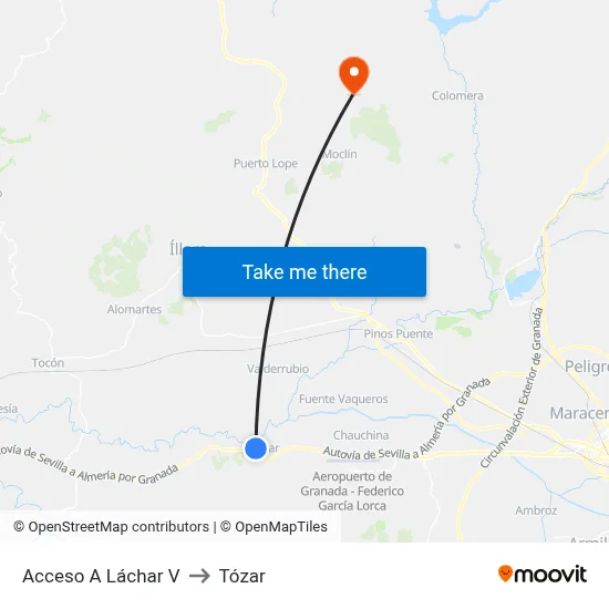 Acceso A Láchar V to Tózar map