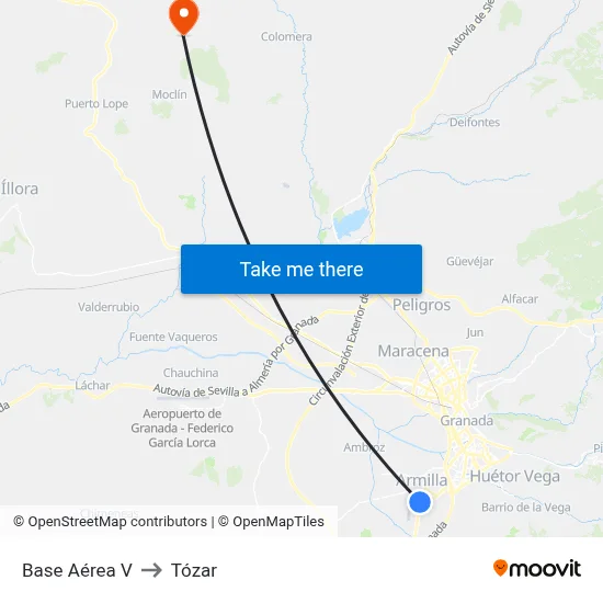 Base Aérea V to Tózar map