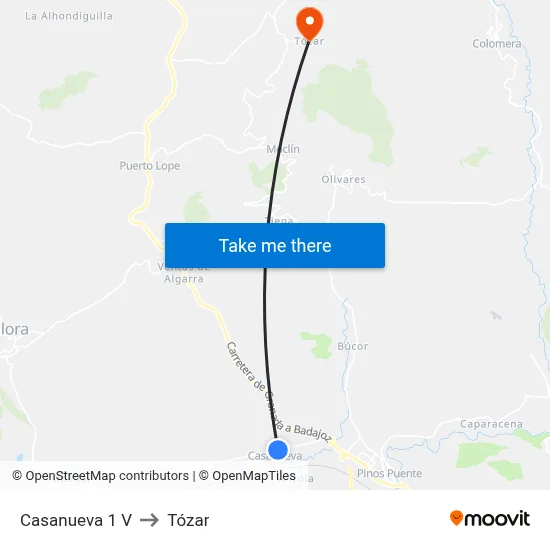 Casanueva 1 V to Tózar map