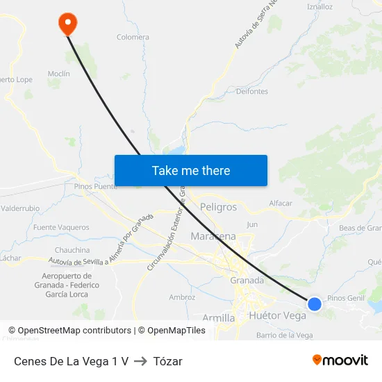 Cenes De La Vega 1 V to Tózar map