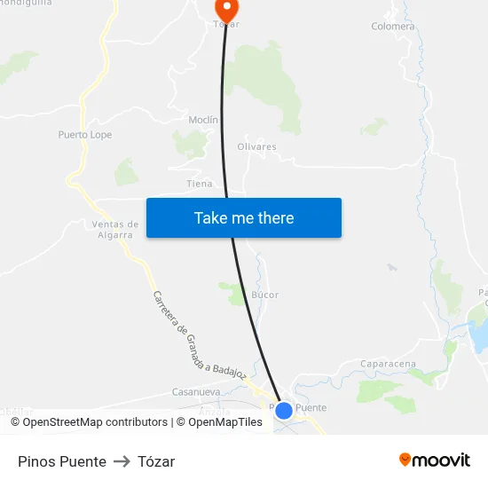 Pinos Puente to Tózar map