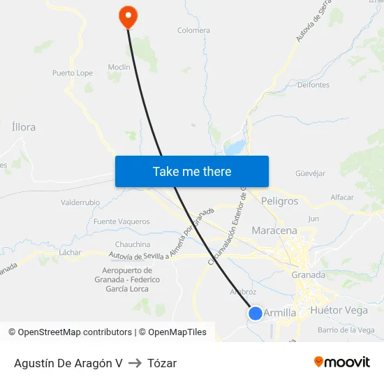 Agustín De Aragón V to Tózar map