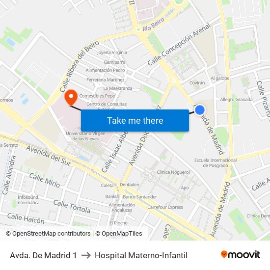 Avda. De Madrid 1 to Hospital Materno-Infantil map