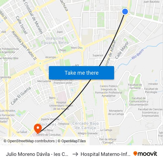 Julio Moreno Dávila - Ies Cartuja to Hospital Materno-Infantil map