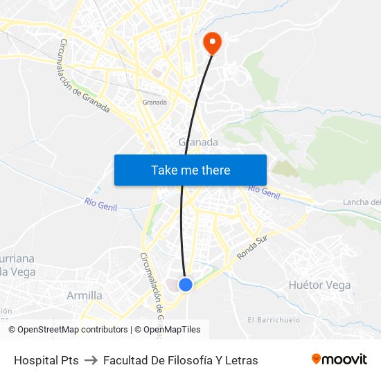 Hospital Pts to Facultad De Filosofía Y Letras map
