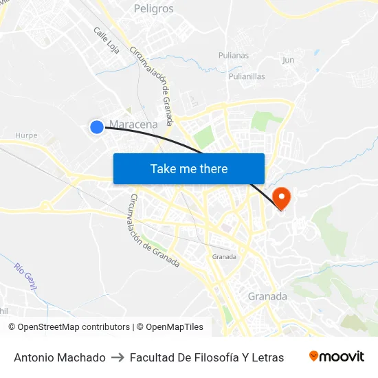 Antonio Machado to Facultad De Filosofía Y Letras map