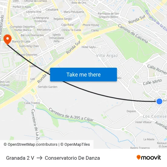 Granada 2 V to Conservatorio De Danza map