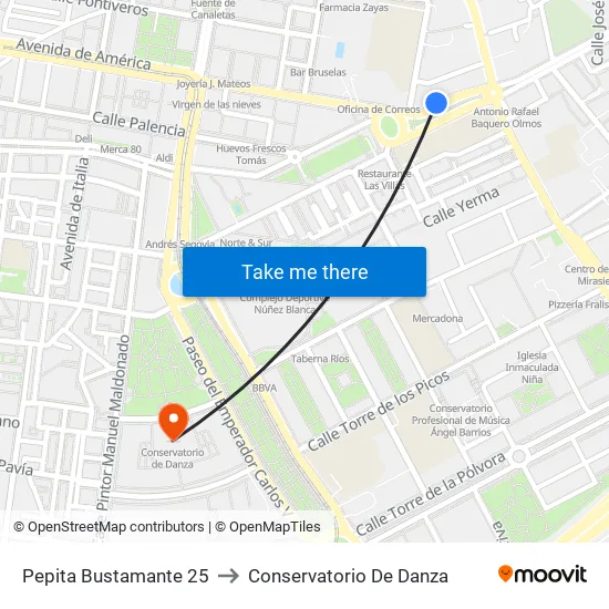 Pepita Bustamante 25 to Conservatorio De Danza map