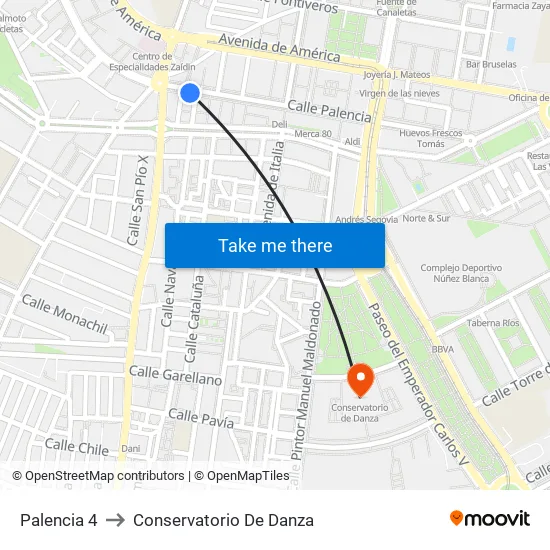 Palencia 4 to Conservatorio De Danza map