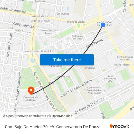 Cno. Bajo De Huétor 70 to Conservatorio De Danza map