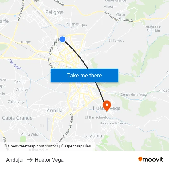 Andújar to Huétor Vega map