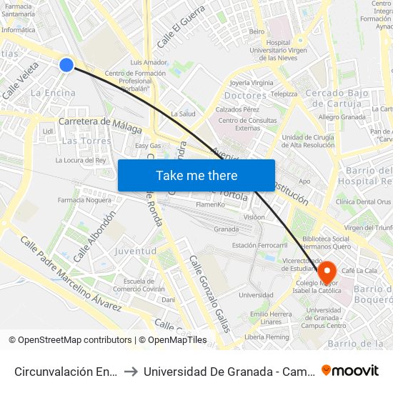 Circunvalación Encina 23 to Universidad De Granada - Campus Centro map