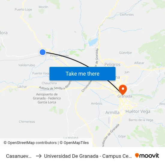 Casanueva 1 to Universidad De Granada - Campus Centro map