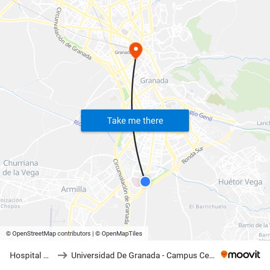 Hospital Pts to Universidad De Granada - Campus Centro map