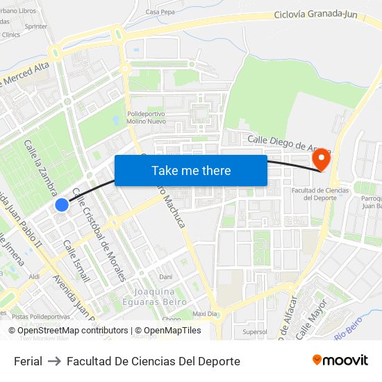 Ferial to Facultad De Ciencias Del Deporte map