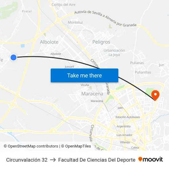 Circunvalación 32 to Facultad De Ciencias Del Deporte map