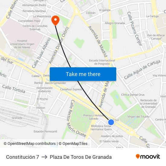 Constitución 7 to Plaza De Toros De Granada map