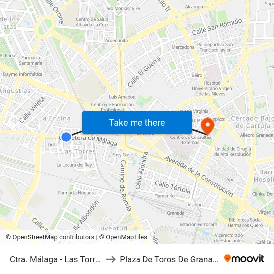 Ctra. Málaga - Las Torres to Plaza De Toros De Granada map