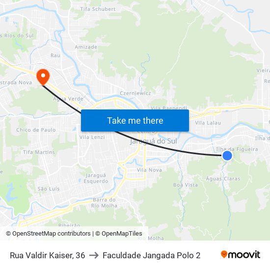 Rua Valdir Kaiser, 36 to Faculdade Jangada Polo 2 map
