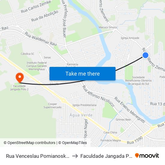 Rua Venceslau Pomianoski, 1-55 to Faculdade Jangada Polo 2 map